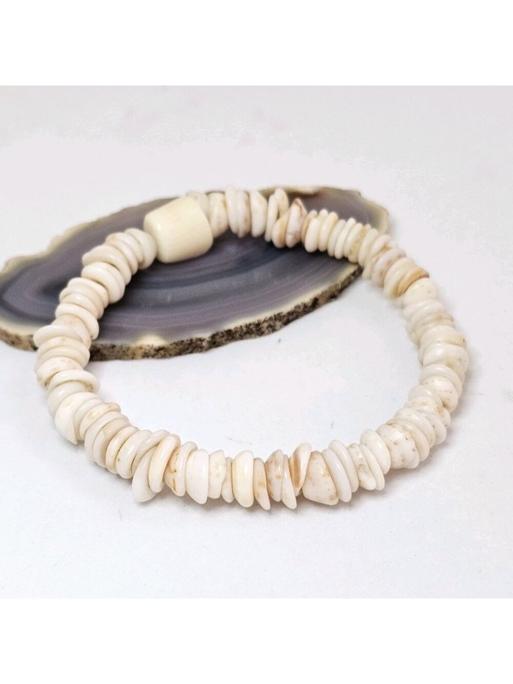 White Cream Natural Puka Shell Bracelet Coastal Stretch Stackable Bracelet A